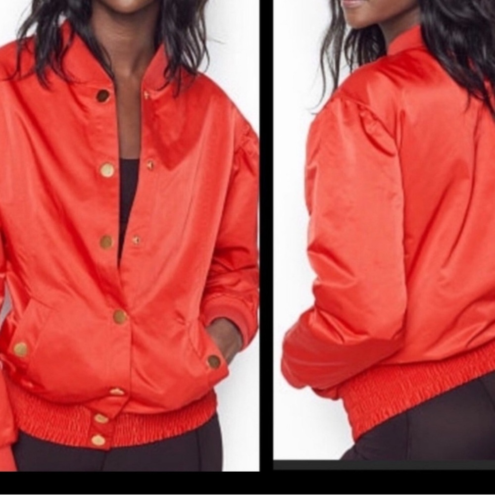 Victoria's Secret Sport red satin bomber jacket with gold snap buttons-Large